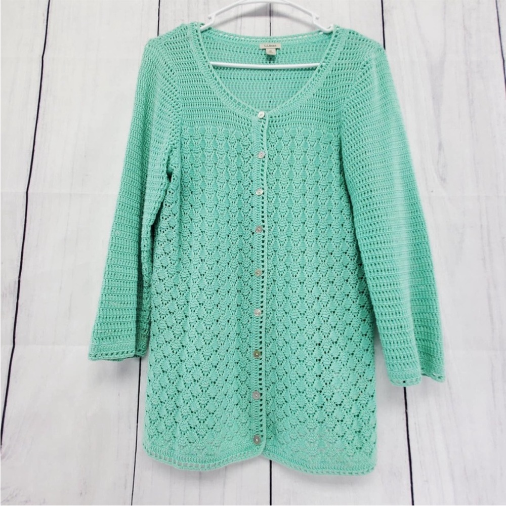 L. L. Bean linen Grandma Crochet Button Up Long Sleeve V-neck Cardigan Sweater